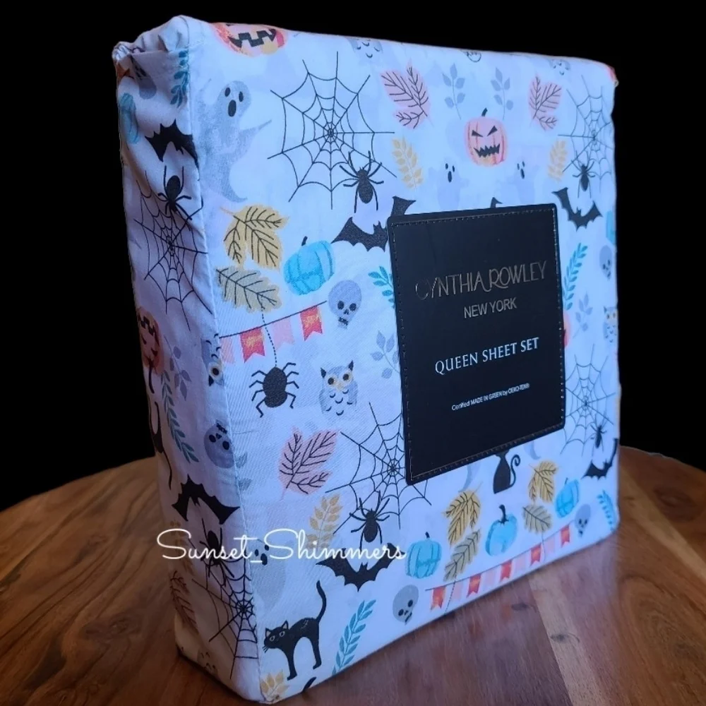 4pc CYNTHIA ROWLEY Pastel Halloween QUEEN Sheet Set Pumpkin Owl Cat Skull Ghost